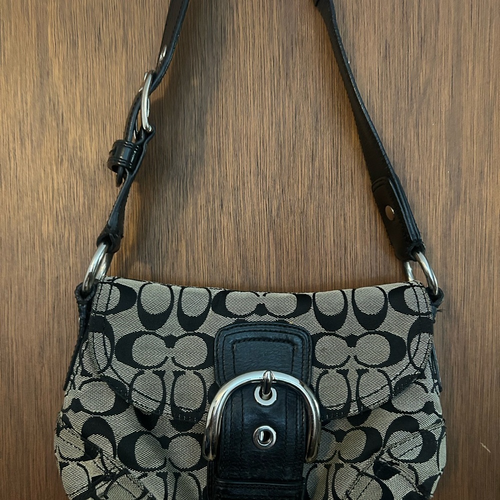 Coach Black & Khaki Signature Canvas Shoulder Bag with Buckle Accent